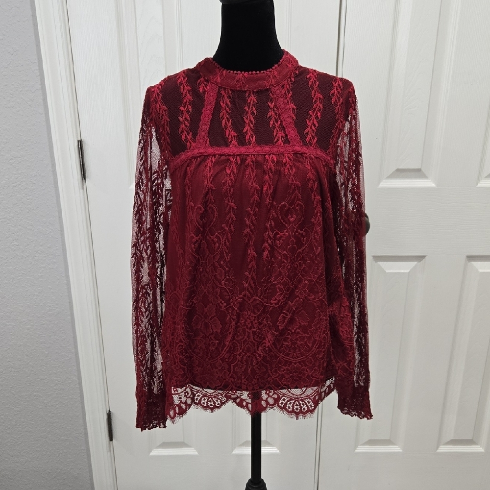 Elegant Lace Long Sleeve Top - Red